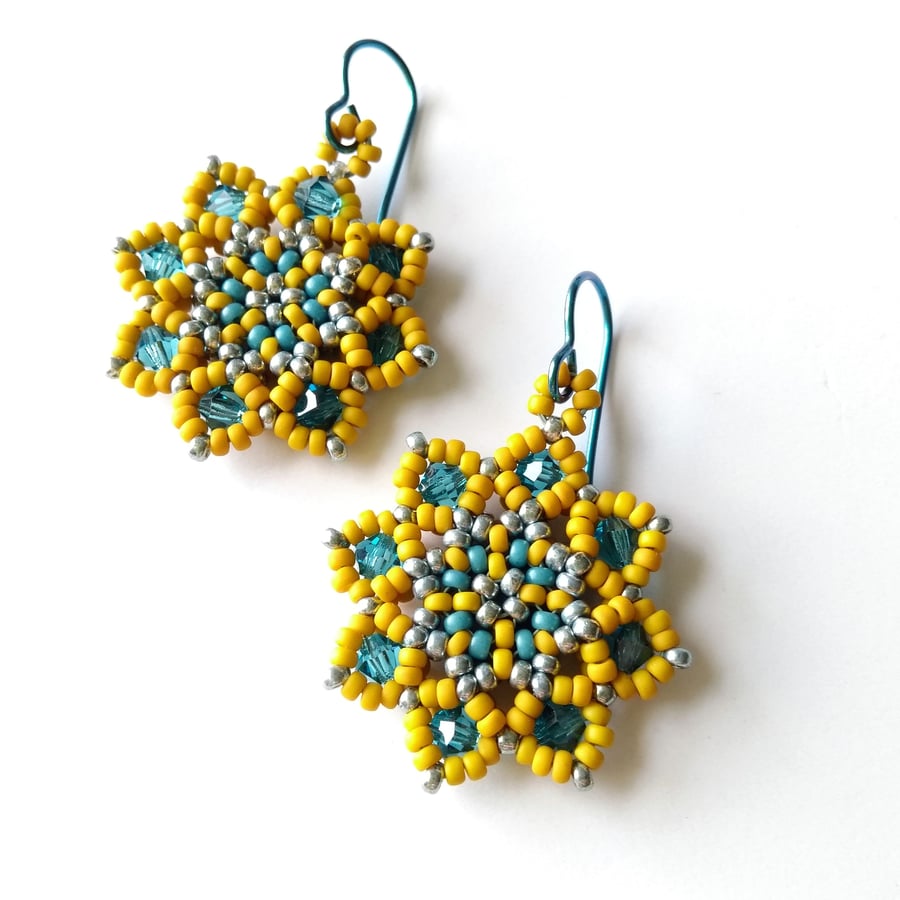 Mandala Style Crystal Earrings in Mustard Yellow and Turquoise