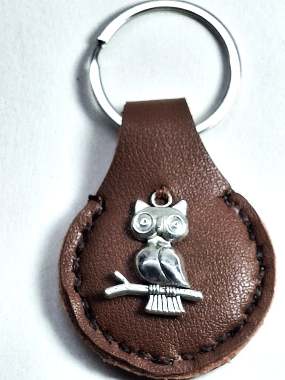Brown Leather Hand Stiched Keyring.  Owl sat on a Branch on the front