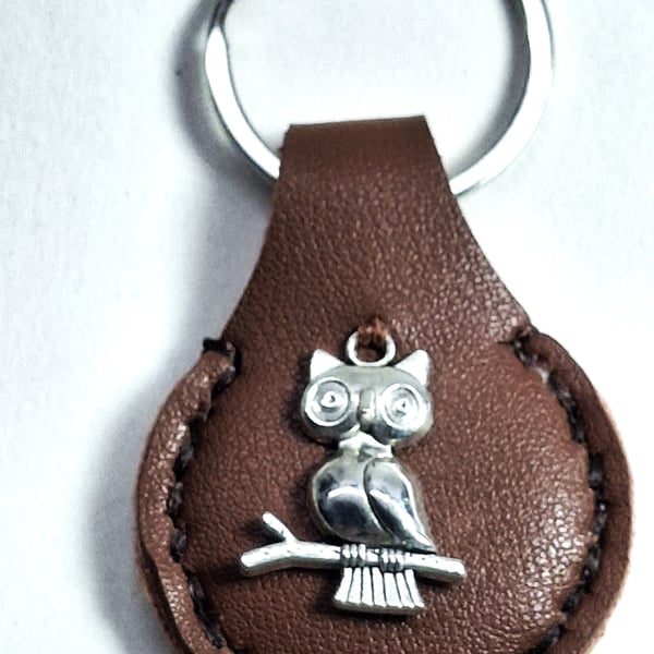 Brown Leather Hand Stiched Keyring.  Owl sat on a Branch on the front