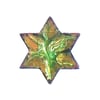 brooch - 6 pointed star scrolled green and white over clear enamel