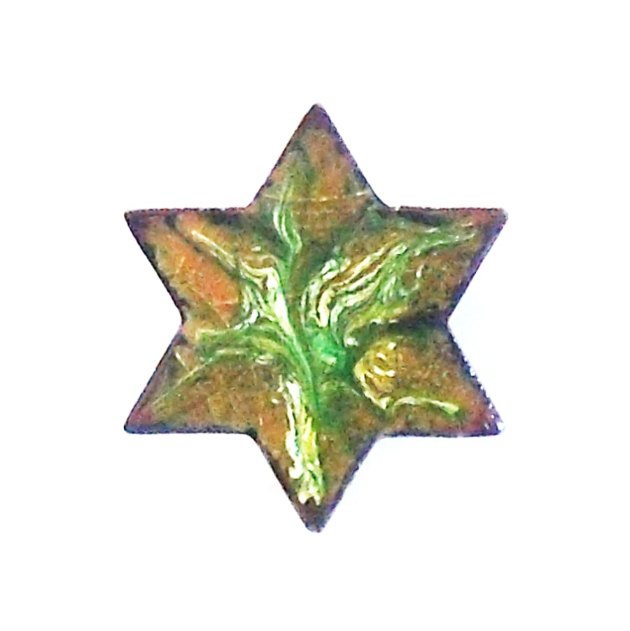 brooch - 6 pointed star scrolled green and white over clear enamel