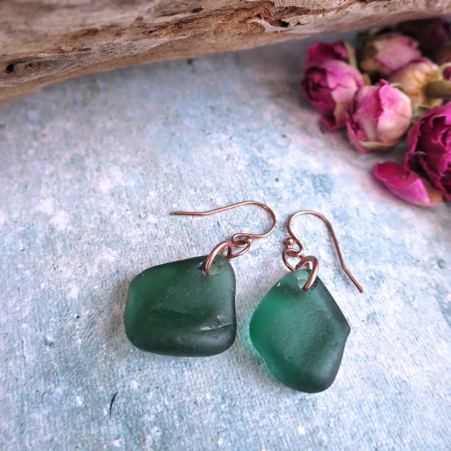 Green Sea Glass and Rose Gold Drop Earrings, Handmade Coastal Jewellery