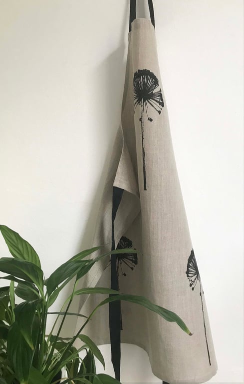 3 Allium seedheads hand printed natural linen apron black print 