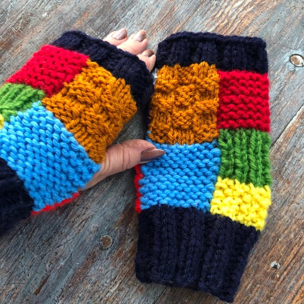 Patchwork fingerless gloves , festival mittens . Arm warmers .Unique gift .Hippy