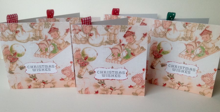 Christmas Cards,Five PK,Vintage Wrapping Paper Design,Handmade Xmas Cards