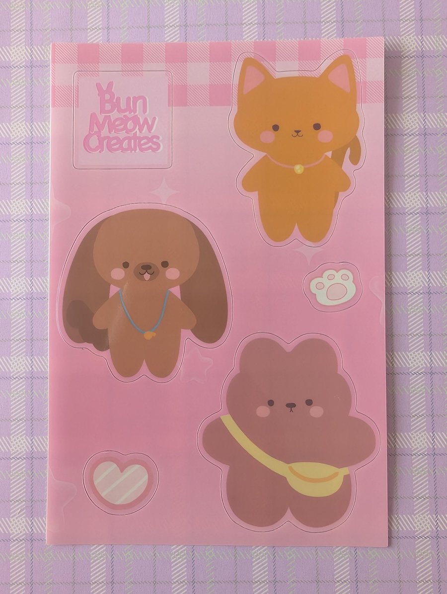 Woodsy Sticker Sheet, Puppy, Cat, Bear Characters Sheet