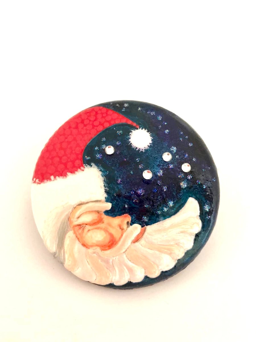 Hand-painted Santa Moon Fridge Magnet (Red Hat)