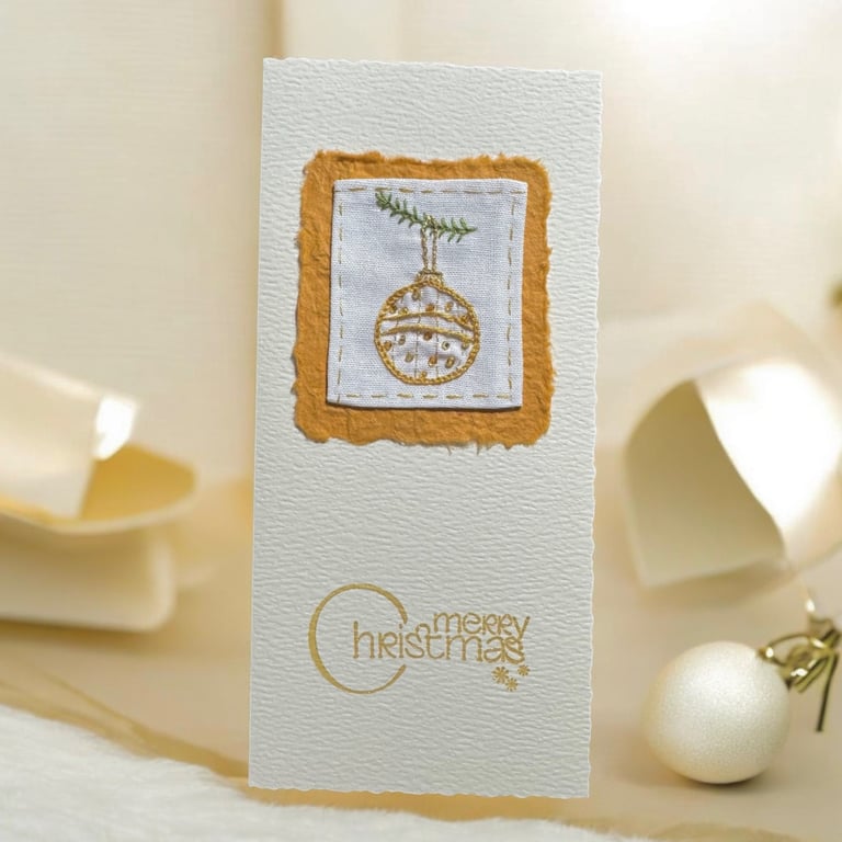 Large Christmas card with modern embroidery golden tree bauble picture. unique.