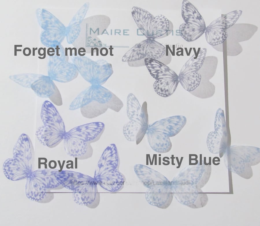 Hand printed silk butterflies in shades of blue. Two sizes.