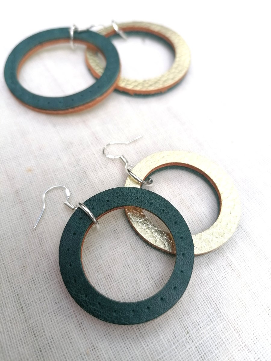 Colour Duo Leather Hoop Earrings - Dark Green & Gold
