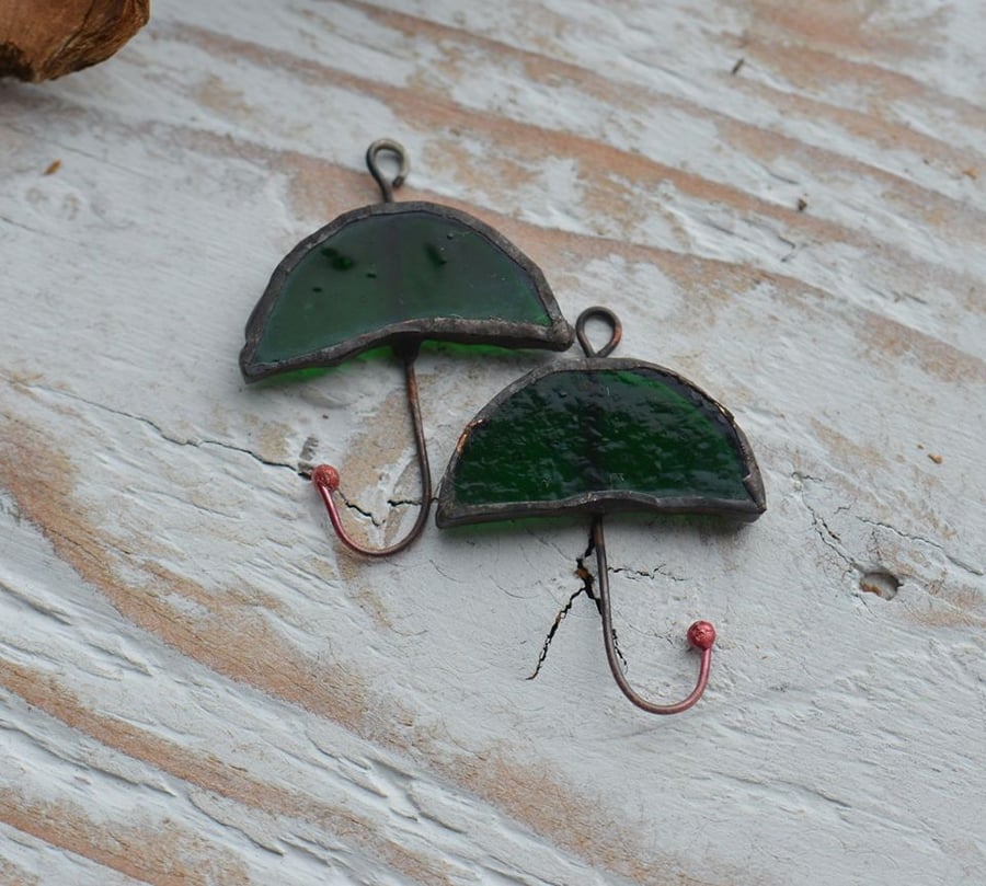 Handmade Stained Glass Umbrella Charm Pair, Dark Green