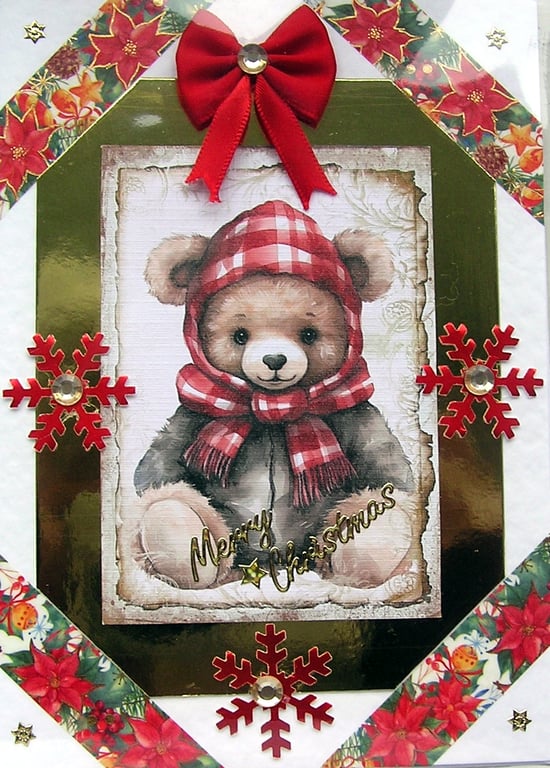Hand Crafted Decoupage Chistmas Card - Merry Christmas (2732) Teddy Bear