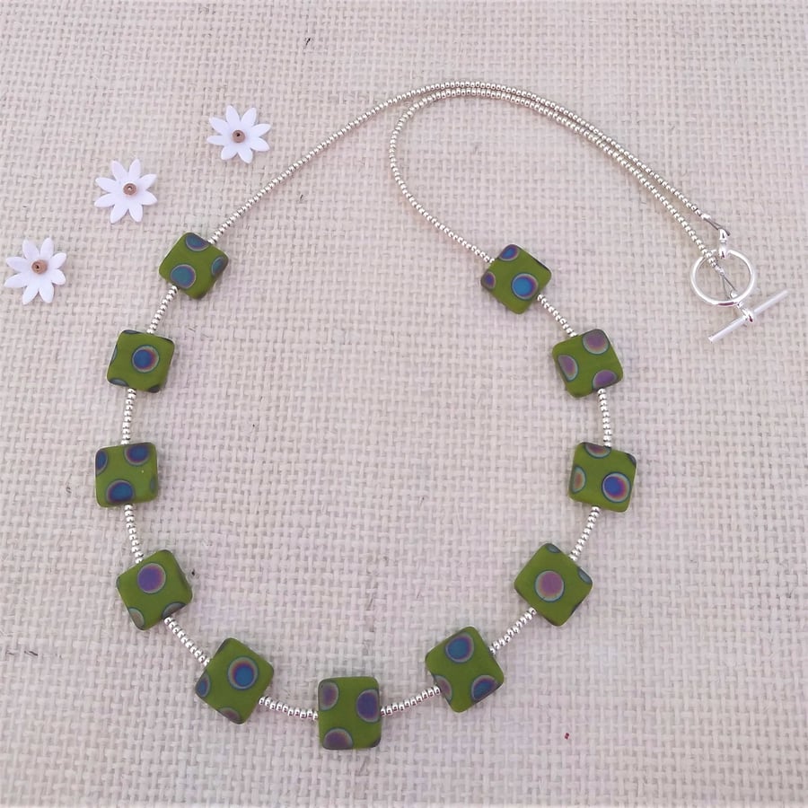 18" Olive Green Square Glass Beaded Necklace