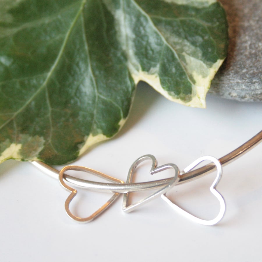 Sterling silver bangle with heart charms, anniversary gift, Mother's day gift