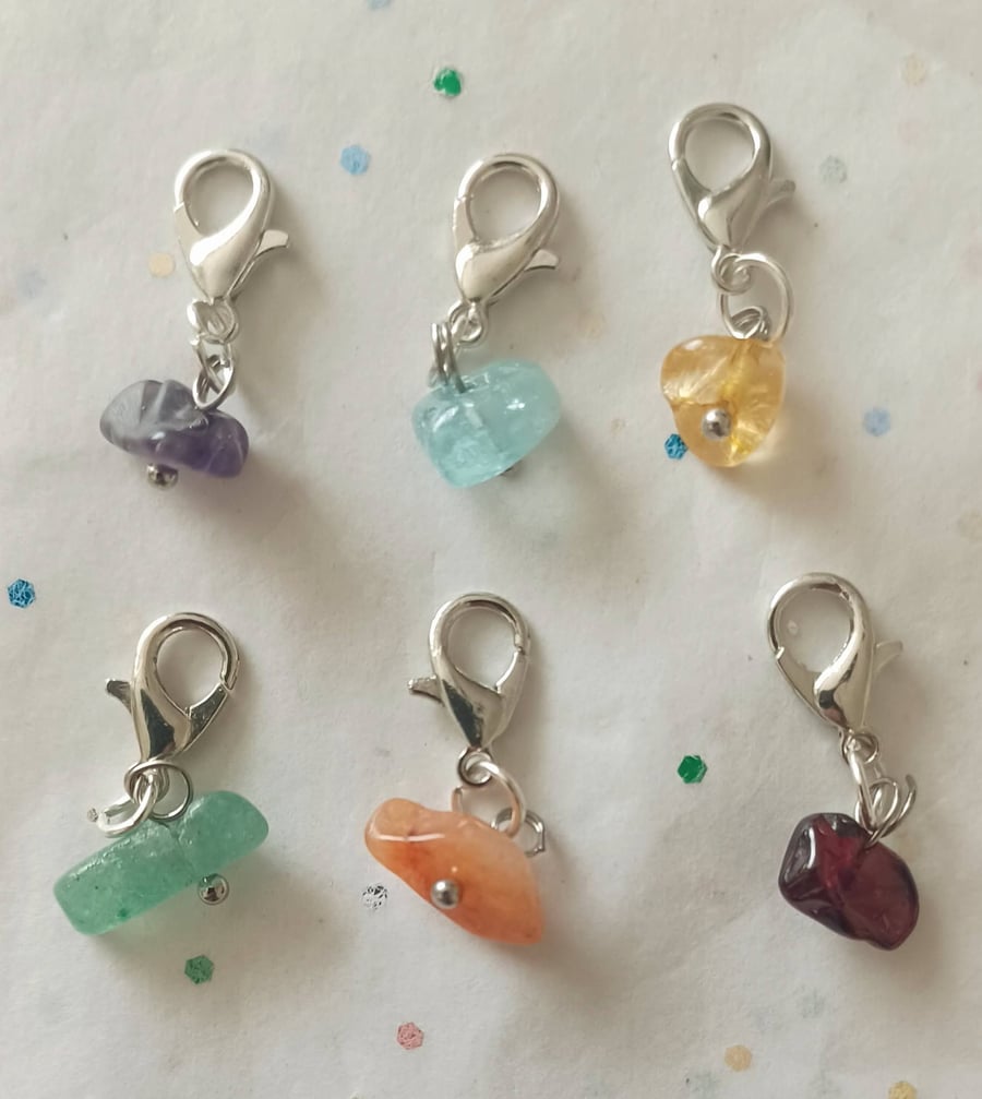 Set of 6 Crystal Gem Chip Zipper Charms