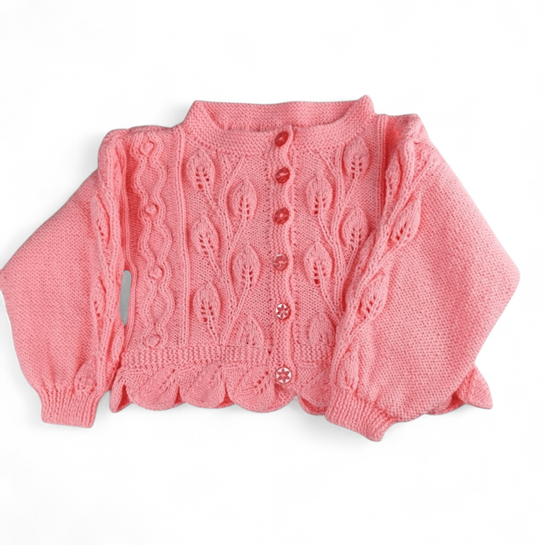 Pink Hand Knitted Baby Cardigan, Girls Knitwear 1-2 Years, Leaf & Cable Pattern
