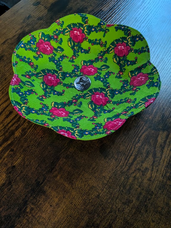 Handmade Folk Textile Bowl – Water-Resistant Green Flora Fabric Trinket Dish