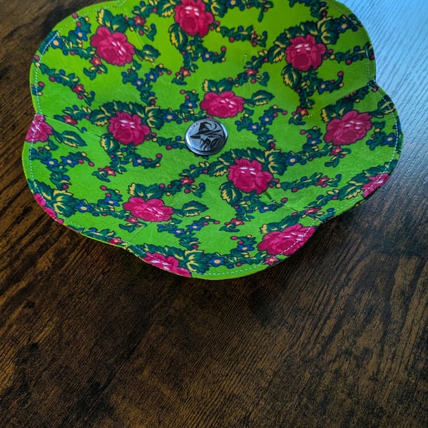 Handmade Folk Textile Bowl – Water-Resistant Green Flora Fabric Trinket Dish