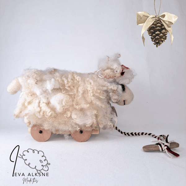 Dollie the sheep on wheels Art doll  A gift for sheep lovers Pull along sheep