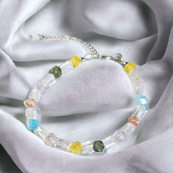 Rainbow Crackled And Clear Quartz Bracelet with Sterling Silver 
