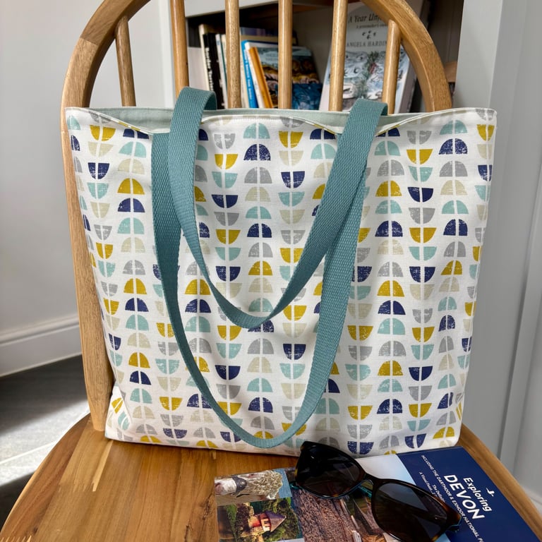 Colourful cotton tote bag, shopping bag, in a stylish geometric print