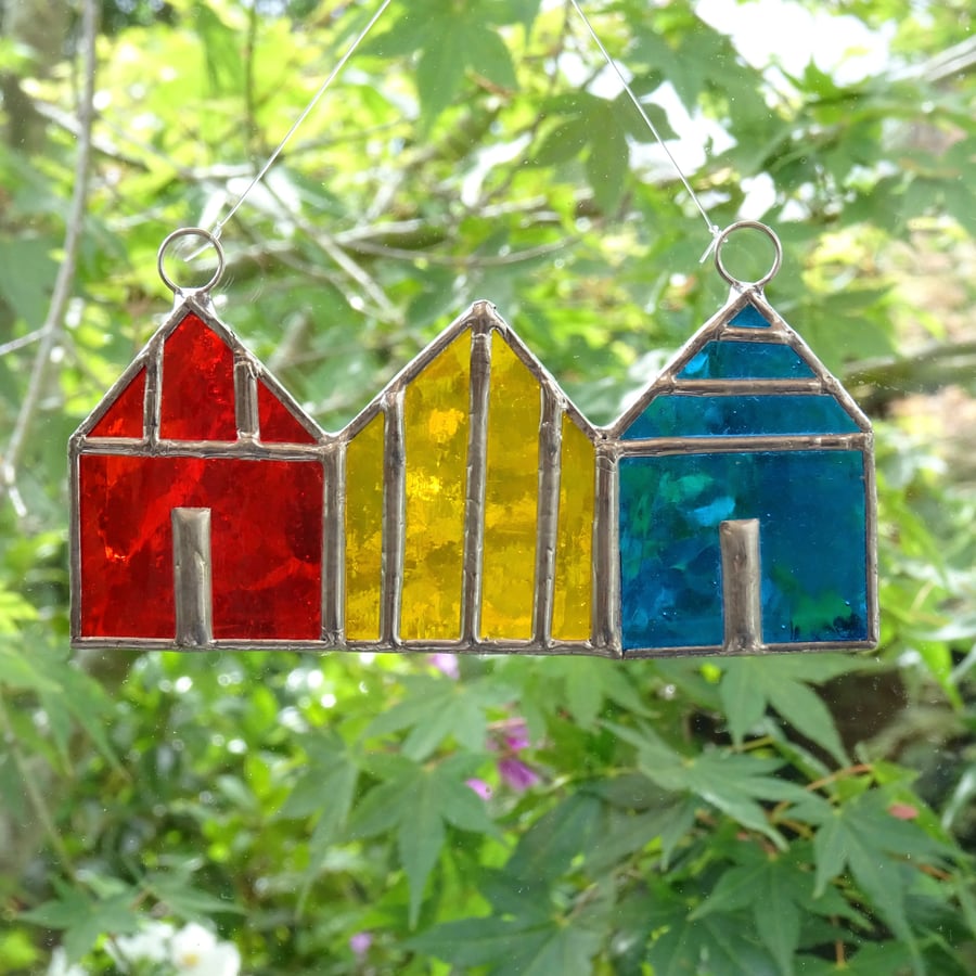 Stained Glass Beach Huts Suncatcher - Handmade Decoration - Red, Yellow, Teal