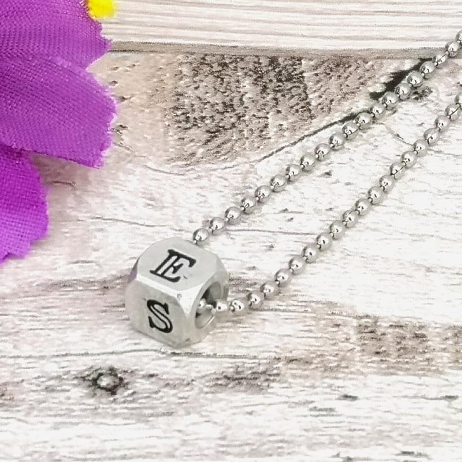 Personalised Initital Necklace - Small Cube Pendant - Tiny Initial Letter
