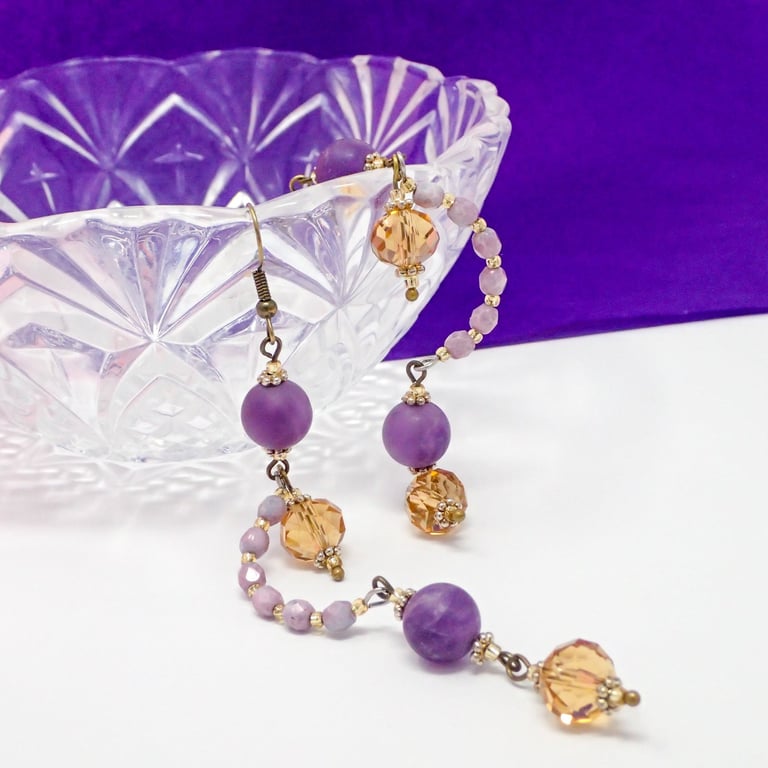 Long dangle purple beaded earrings with Frosted Amethyst Gemstone Beads.