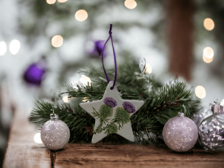 Scottish Thistle Ceramic Star Double Sided Hanging Christmas Decoration 