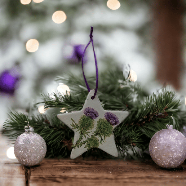 Scottish Thistle Ceramic Star Double Sided Hanging Christmas Decoration 