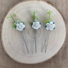 White Flower Hair Pins with Crystals 