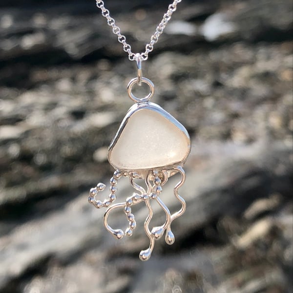 Frosted White Sea Glass and Sterling Silver Jelly Fish Pendant - 1113