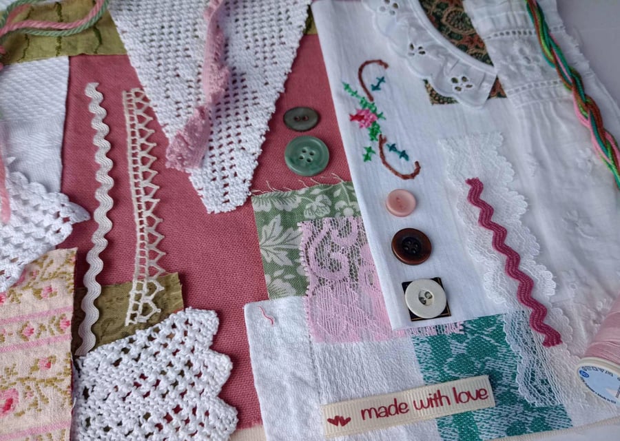 Upcycled Slow Stitching starter kit - Vintage rose white household linen bundle