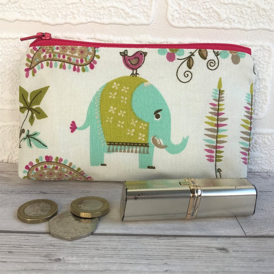 Large purse, coin purse with turquoise elephant and bright floral print