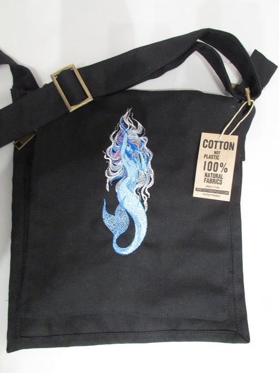 Embroidered Mermaid Siren Design Eco Cotton Canvas Bag