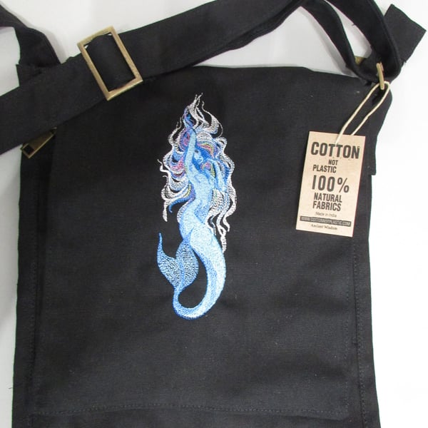 Embroidered Mermaid Siren Design Eco Cotton Canvas Bag