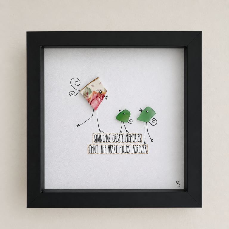 Grandma Sea Glass Art - handmade framed gift