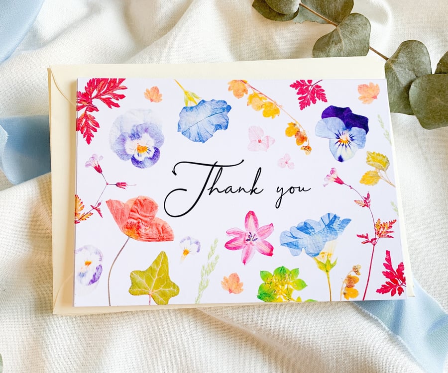 Grateful Blooms - Flower Thank you Notecard Set Set of 8 Pressed Flower Notecard