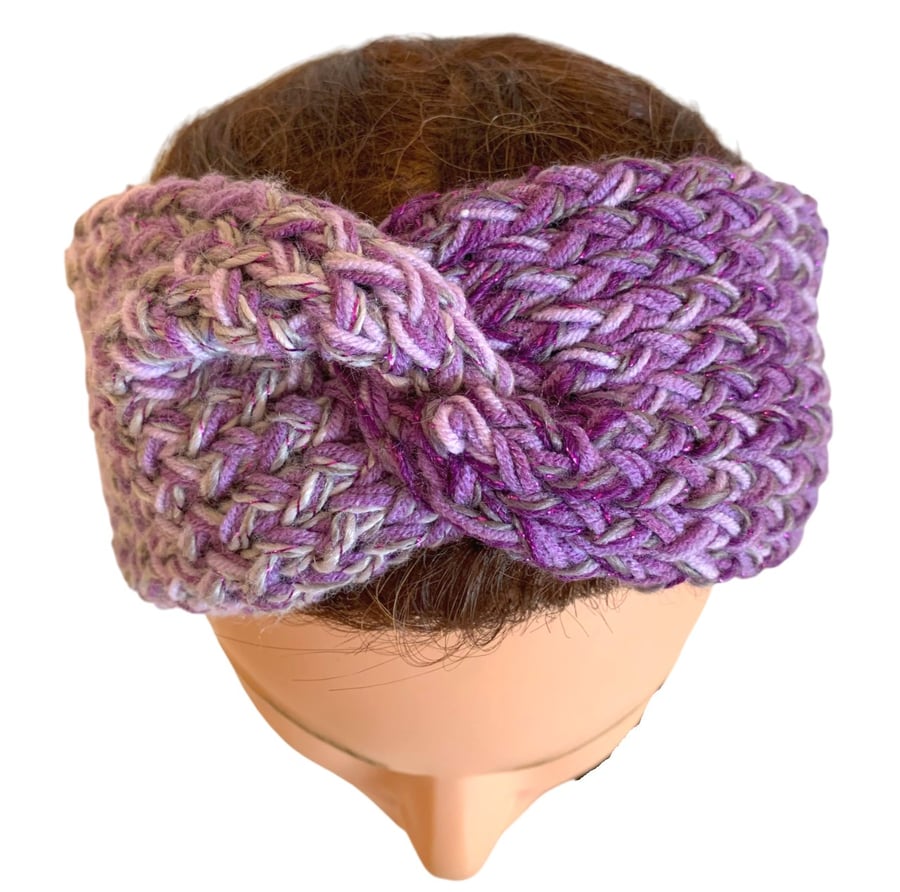 Hand Knitted Headband Winter Ear Warmer in Purple Lilac White Sparkle One Size