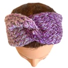 Hand Knitted Headband Winter Ear Warmer in Purple Lilac White Sparkle One Size