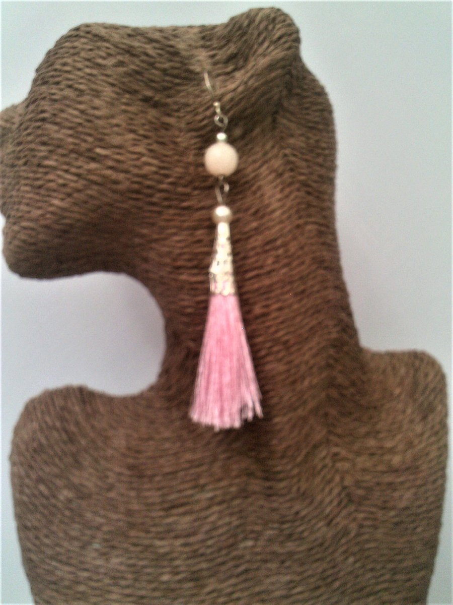 Long Pink  Tassel Earrings, Baby Pink Quartz Tassel Gemstone Earrings