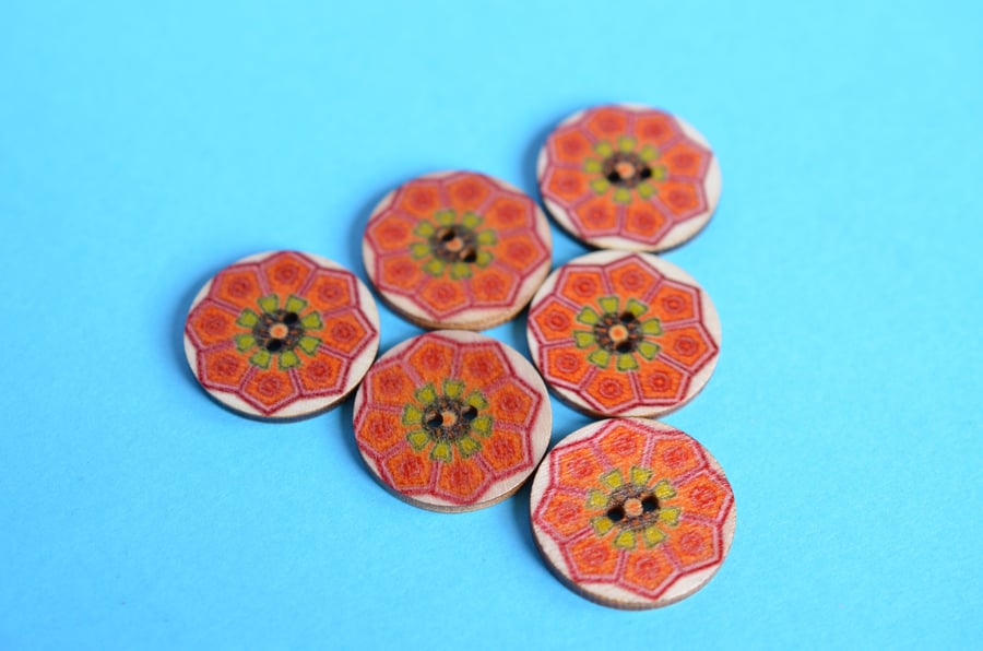 Wooden Mandala Patterned Buttons Orange Red Green 6pk 25mm (M12)