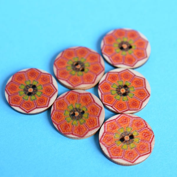 Wooden Mandala Patterned Buttons Orange Red Green 6pk 25mm (M12)
