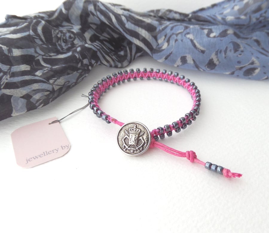 Beaded Cotton Bracelets, Macramé, Pink Cotton