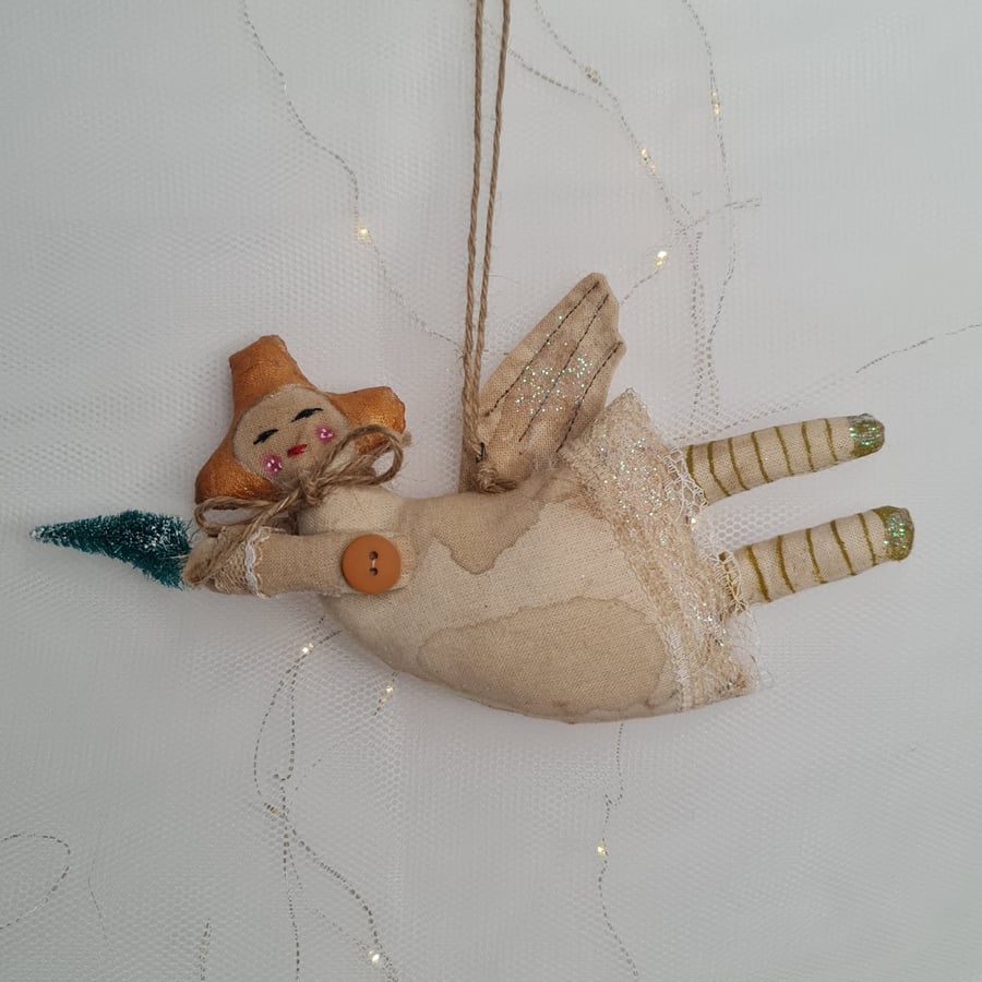 Handmade rustic angel with olive stockings hanging christmas decoration