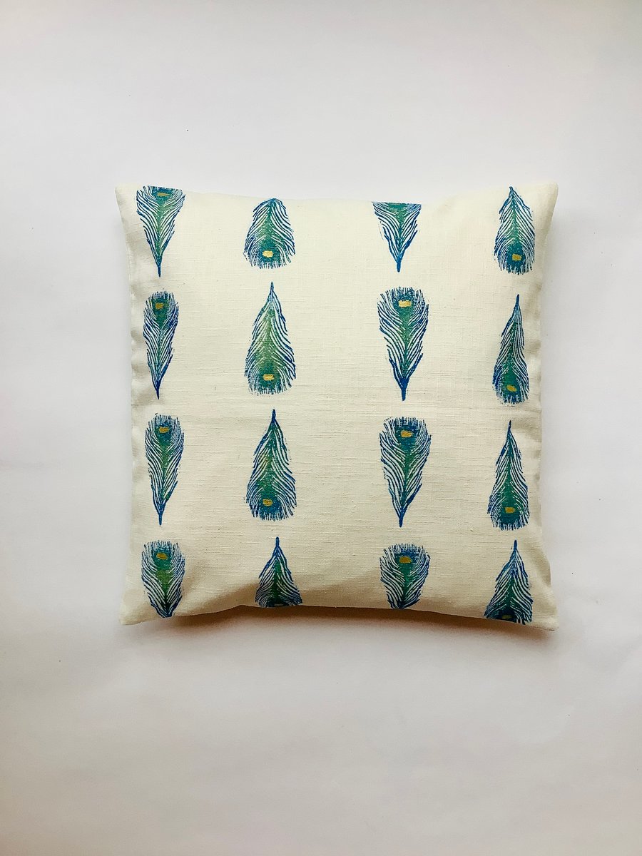 Cream Small Peacock Feathers linen cushion cover