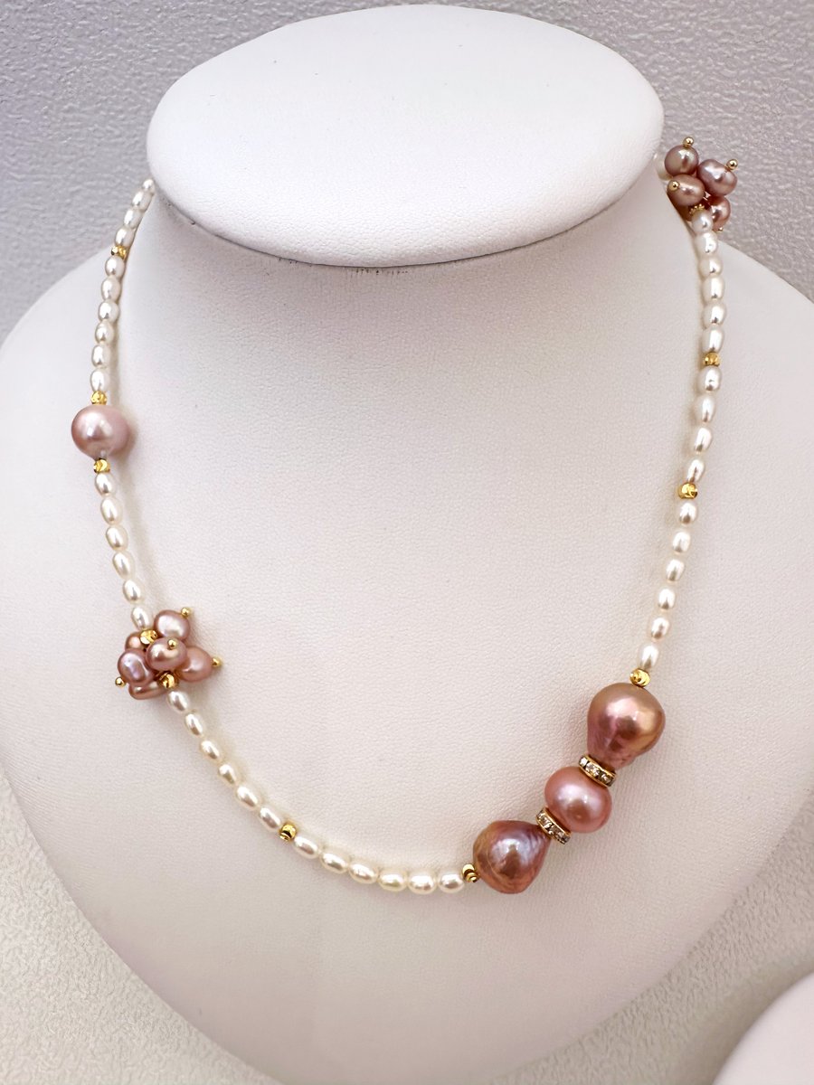 Natural White and Purple Freshwater Baroque Bow Pearl Necklace