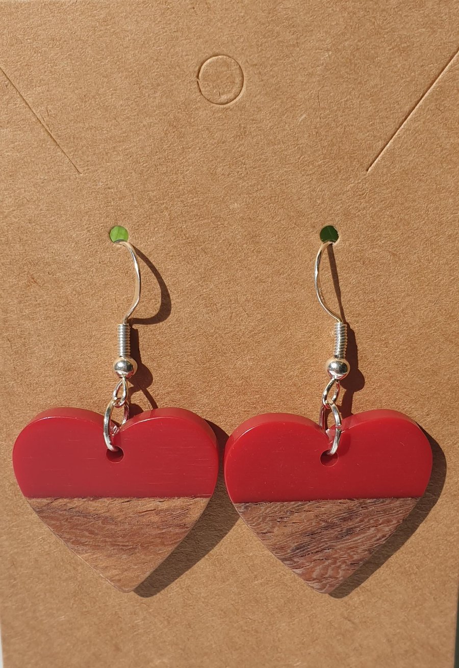 Resin and Walnut Wood Heart Dangle Earrings on 925 Silver-Plated Ear Wires 