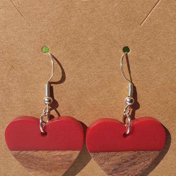 Resin and Walnut Wood Heart Dangle Earrings on 925 Silver-Plated Ear Wires 