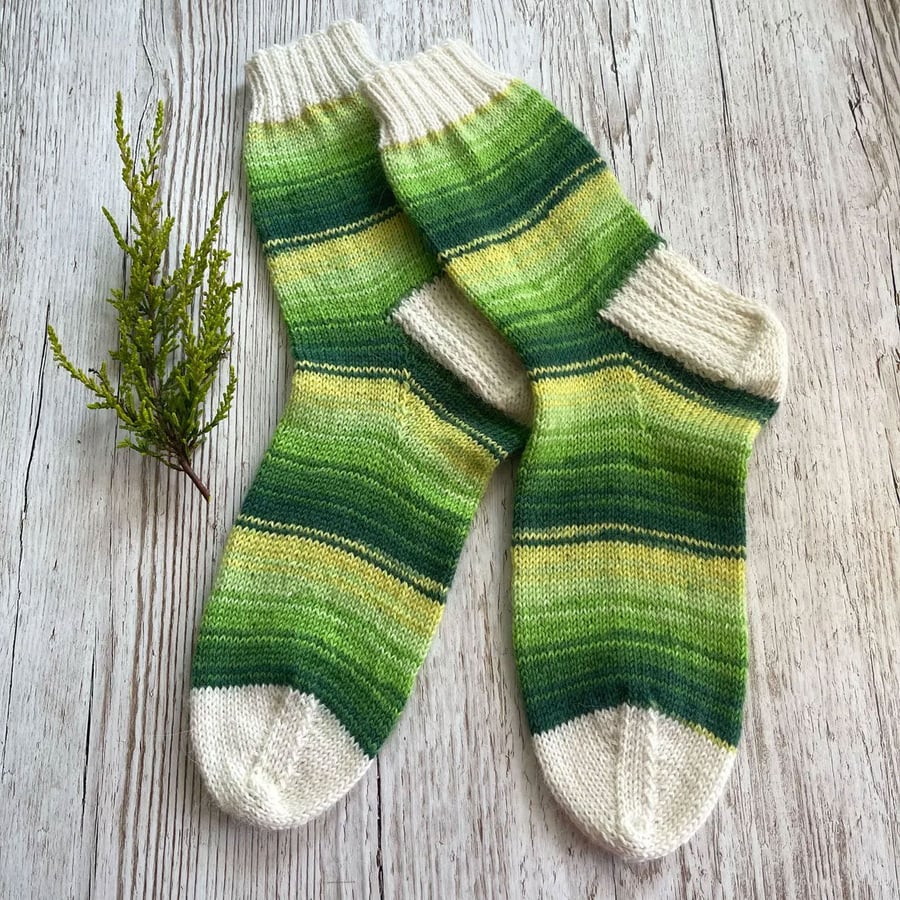 Hand Knitted Green Striped Wool Socks